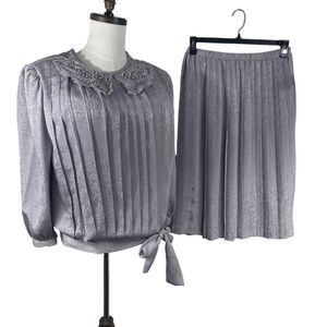 Vintage 80s Pleated Satin Blouse Skirt Outfit 10 Gray Puff Sleeve Lace Granny